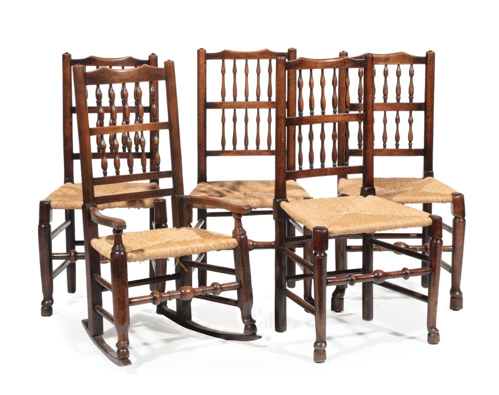 Appraisal: Five Antique Elm Yorkshire Dining Chairs incl rocker spindled back