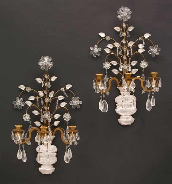 Appraisal: A pair of gilt metal and rock crystal three light