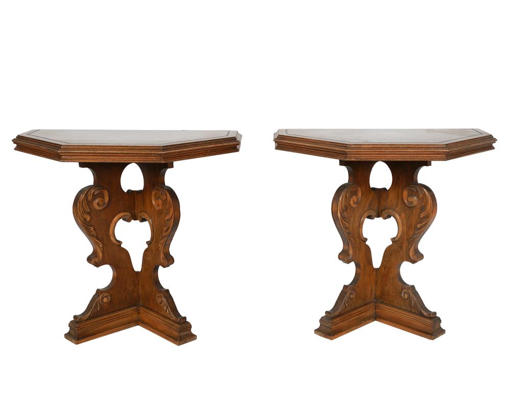 Appraisal: PAIR OF BAROQUE-STYLE WALNUT CONSOLE TABLESeach with half-heaxagonal top with