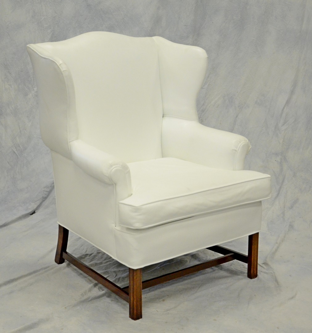 Appraisal: White Leather Chippendale-Style Wing Chair th Century h