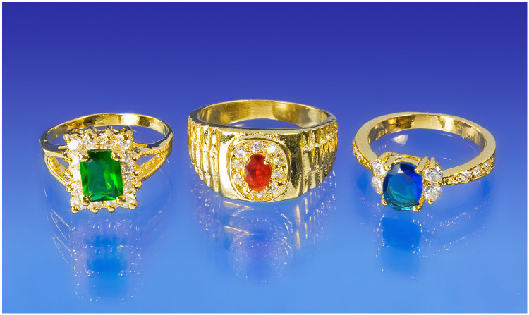 Appraisal: Three Ladies Dress Rings Set With Blue Green Red And