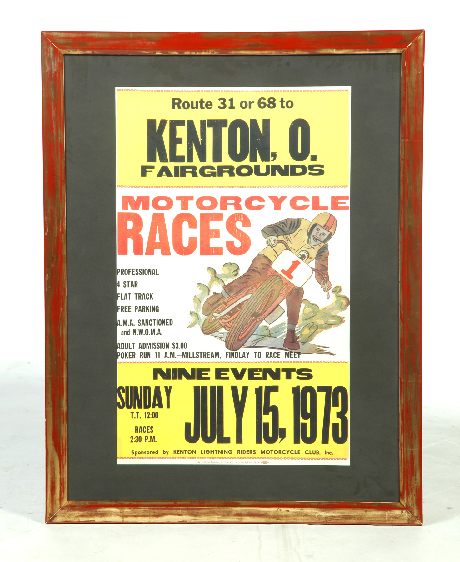 Appraisal: FRAMED KENTON OHIO MOTORCYCLE RACE POSTER American dated July th