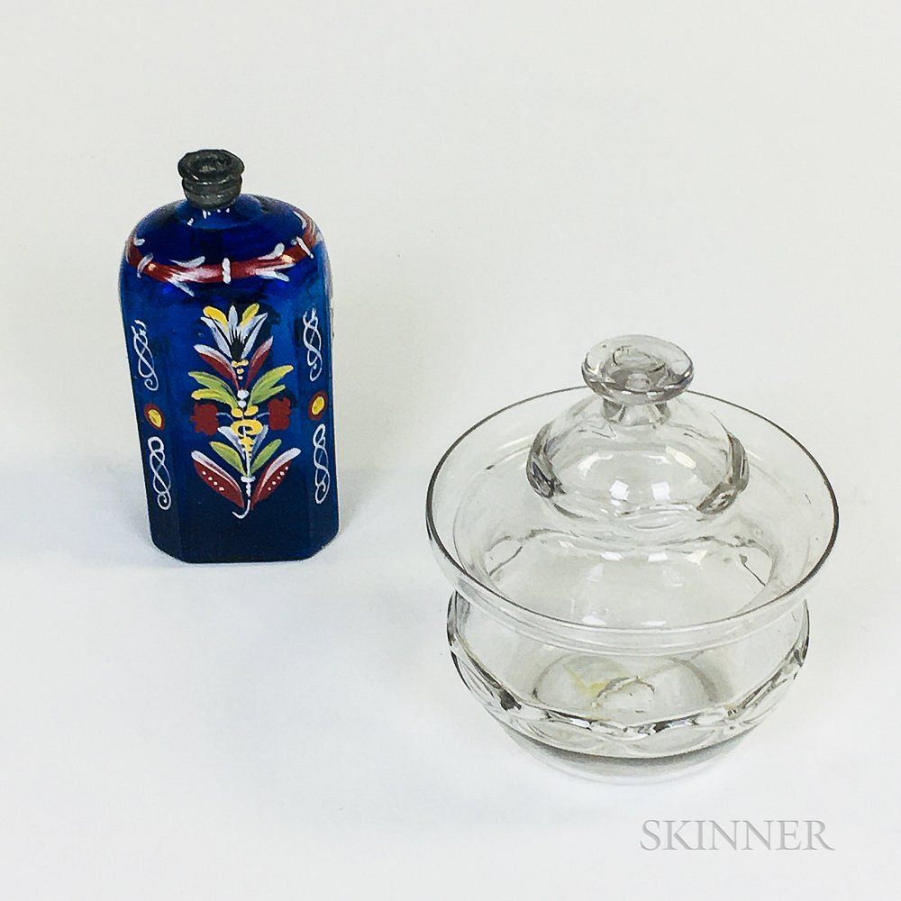 Appraisal: Stiegel-type Cobalt Glass Bottle and a Colorless Glass Covered Bonbon