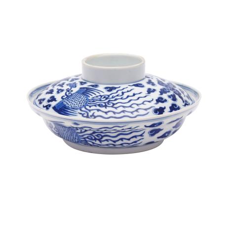 Appraisal: Blue and White Shallow Phoenix Bowl and Cover Jiangxi mark