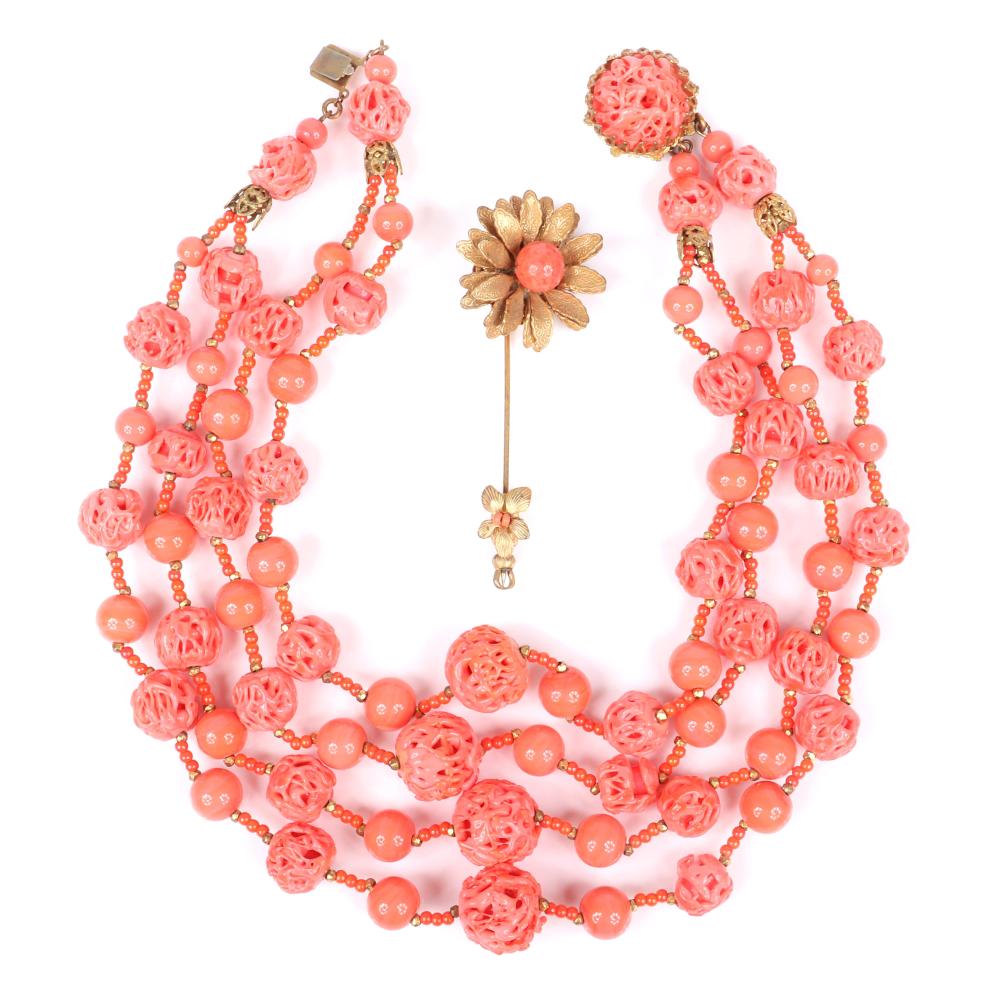 Appraisal: MIRIAM HASKELL FOUR STRAND GRADUATED PINK POURED GLASS FAUX CORAL