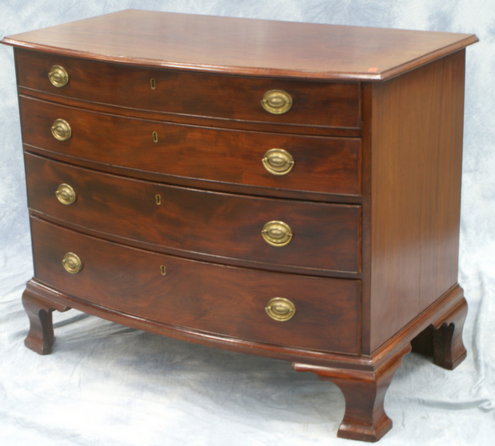 Appraisal: Mahogany bowfront Chippendale chest graduated beaded drawers original brasses and