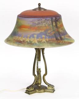 Appraisal: Pairpoint reverse painted scenic lamp the exeter shade with a