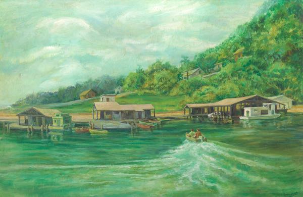 Appraisal: AMERICAN SCHOOL MID- TH CENTURY x Docks and boat scene