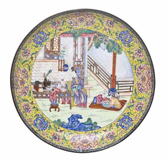 Appraisal: A Canton Enamel Charger having central cartouche depicting a lady