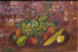 Appraisal: Signed Marsden Hartley Platter of fruit set against textured red