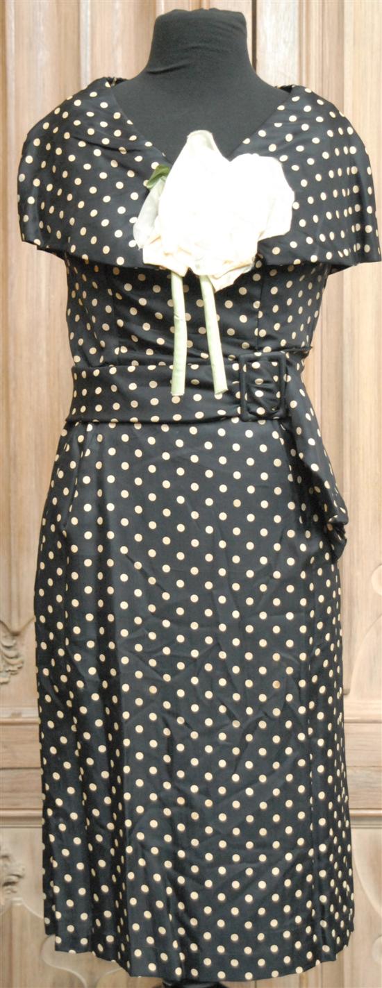 Appraisal: BLACK SILK DRESS POLKA DOT Huge shawl collar and white