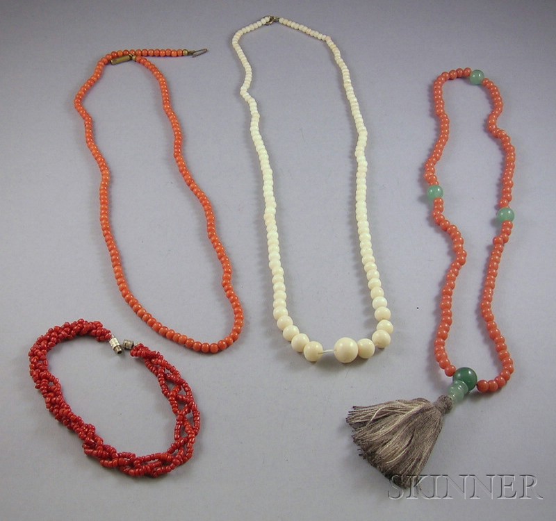 Appraisal: Four Coral Jewelry Items two beaded coral necklaces a coral