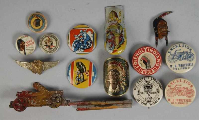 Appraisal: Lot of Motorcycle Buttons Clickers Pins Description Early pre-war Some