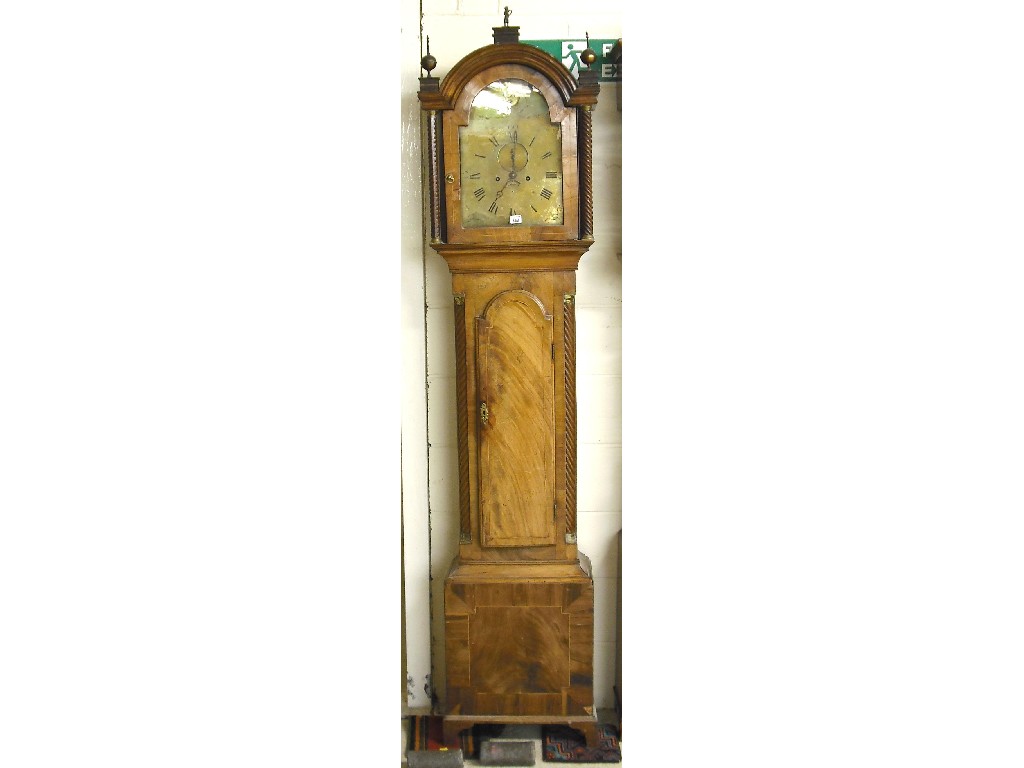 Appraisal: Walnut and mahogany eight day longcase clock the brass arched