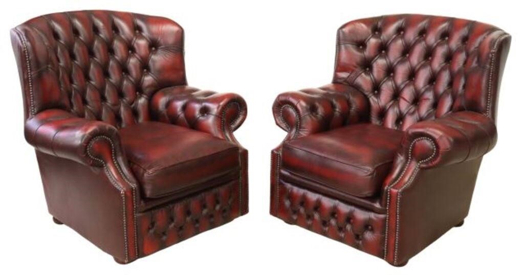 Appraisal: English Queen Anne style oxblood leather wingback armchairs th c