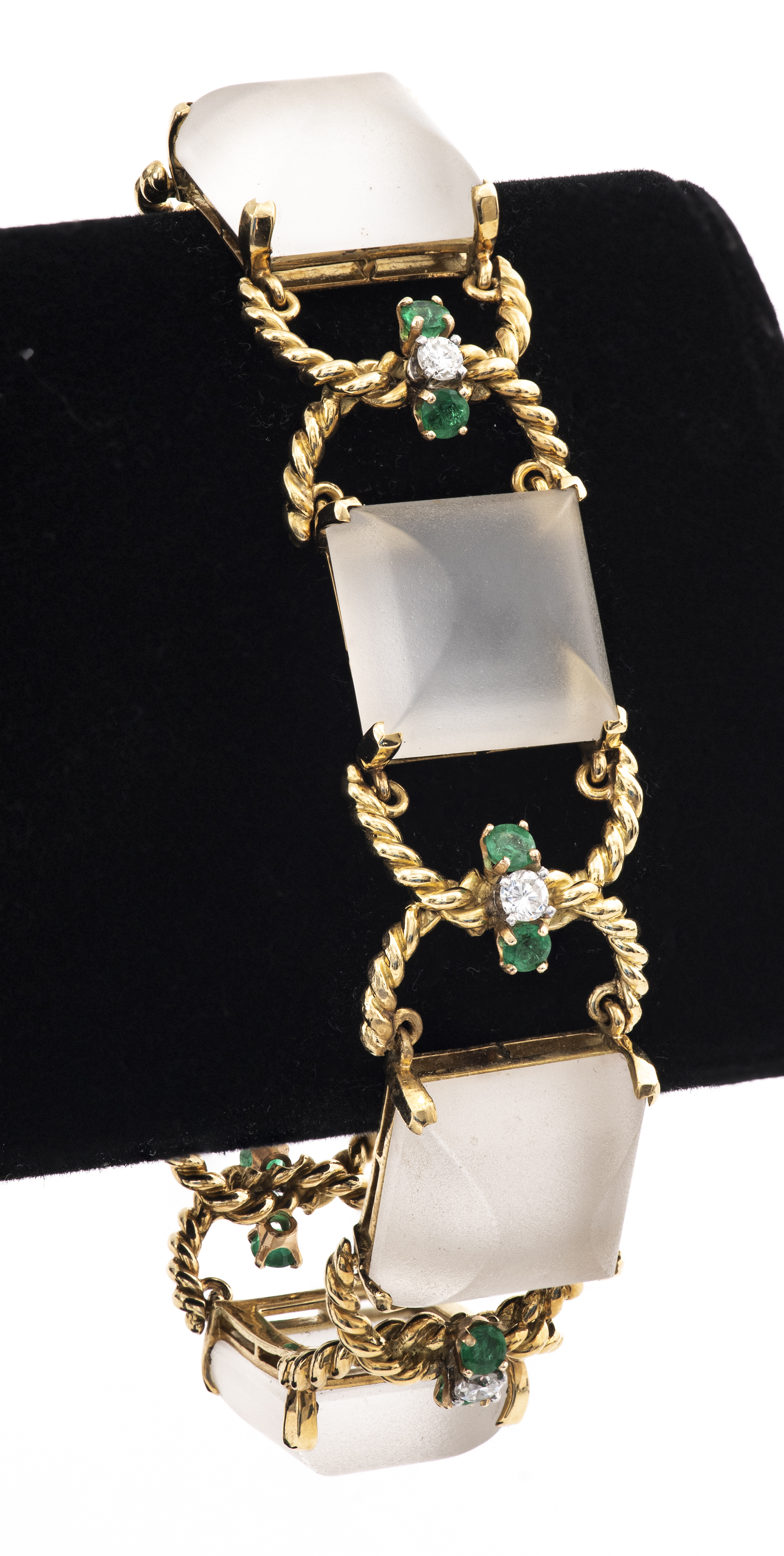 Appraisal: K GOLD ROCK QUARTZ EMERALD DIAMOND BRACELET Vintage well crafted