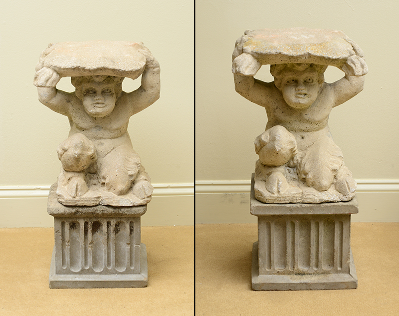 Appraisal: Pair of Cast-Stone Figural Garden Stools On cast-stone fluted pedestals