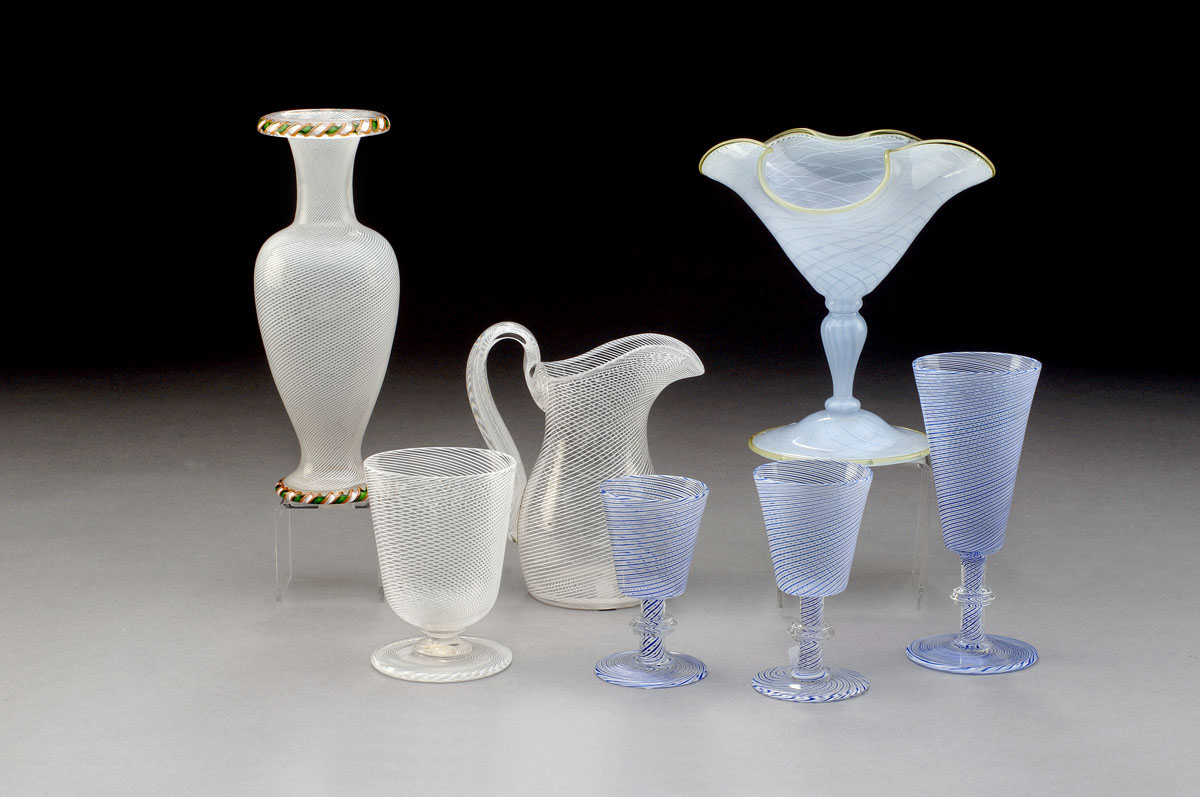 Appraisal: GROUP OF FRENCH AND ENGLISH LATTICINIO AND THREADED GLASS WARES