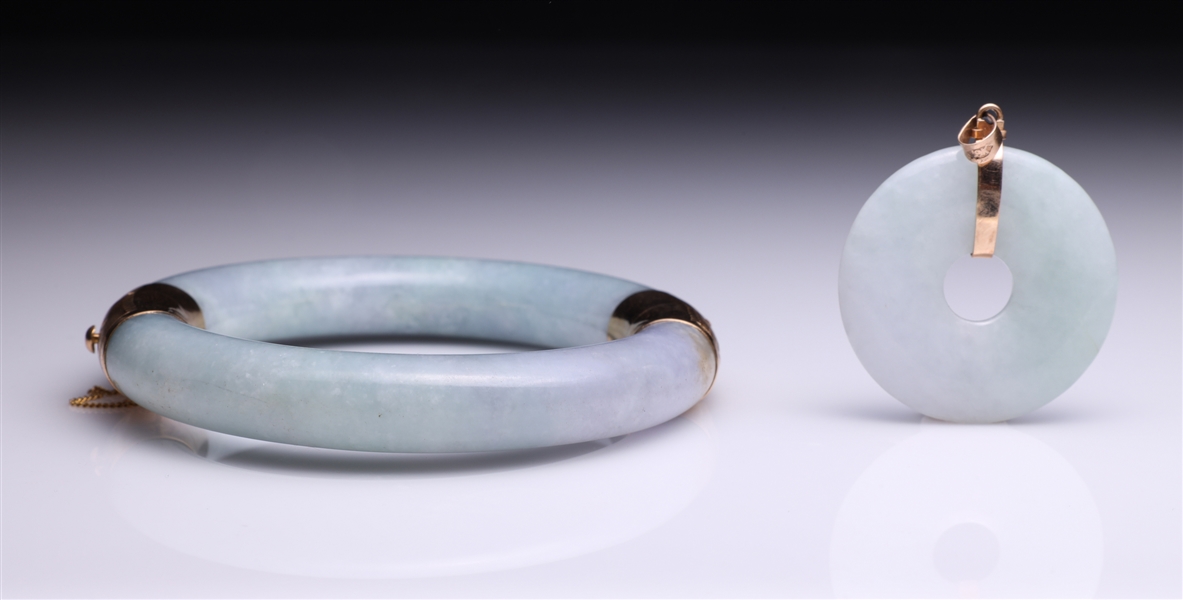 Appraisal: Two piece of ct yellow gold and jadeite including bangle