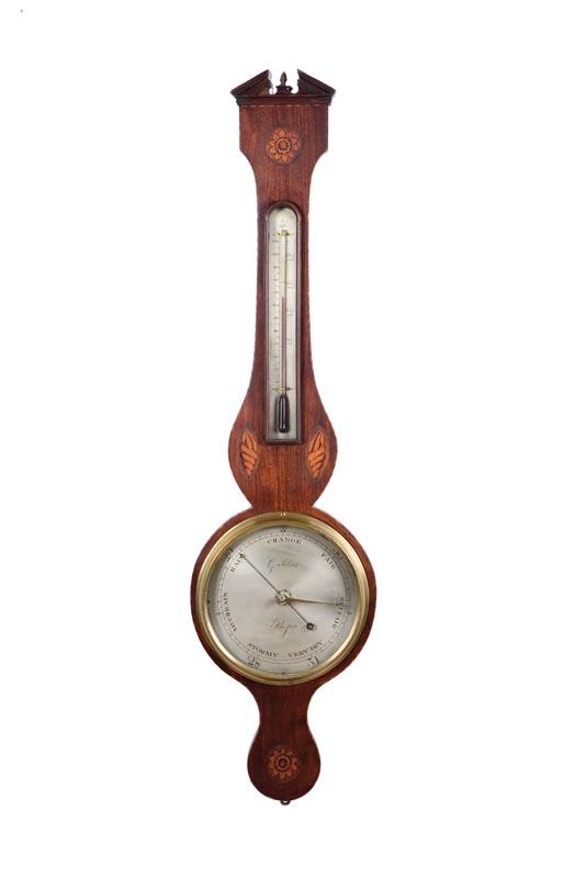 Appraisal: INLAID WHEEL BAROMETER First quarter- th century mahogany veneer Architectural