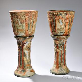 Appraisal: Pair of Weller Forest Pattern Jardinieres and Pedestals Ceramic Zanesville