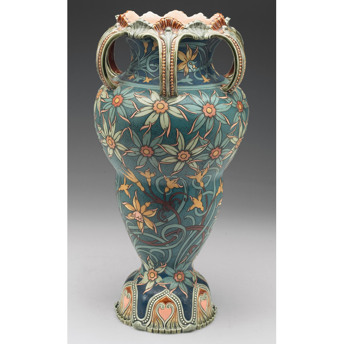 Appraisal: Mettlach vase large six-handledshape elaborate incised and painted floraldesigns marked