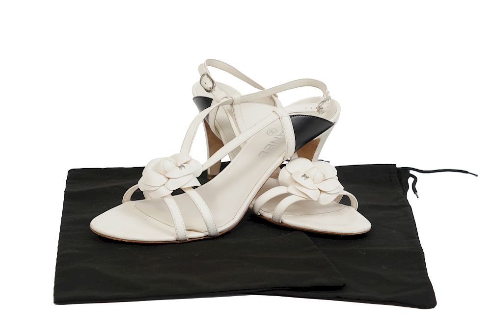 Appraisal: Chanel White Camellia Strappy Heels Size Chanel white camellia strappy