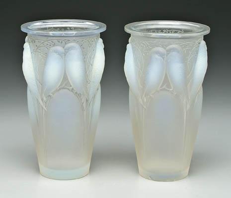 Appraisal: Pair Lalique Ceylon vases opalescent glass paired birds in relief