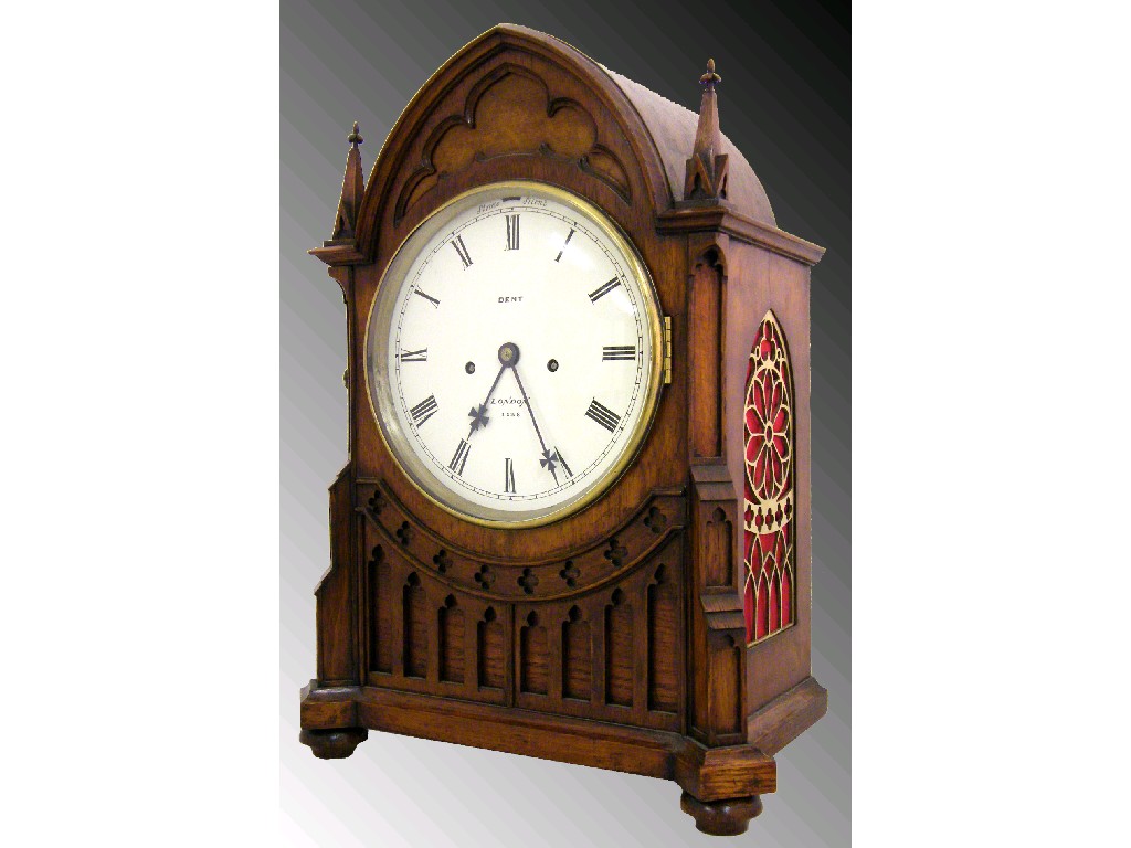 Appraisal: Large oak double fusee Gothic bracket clock the movement and