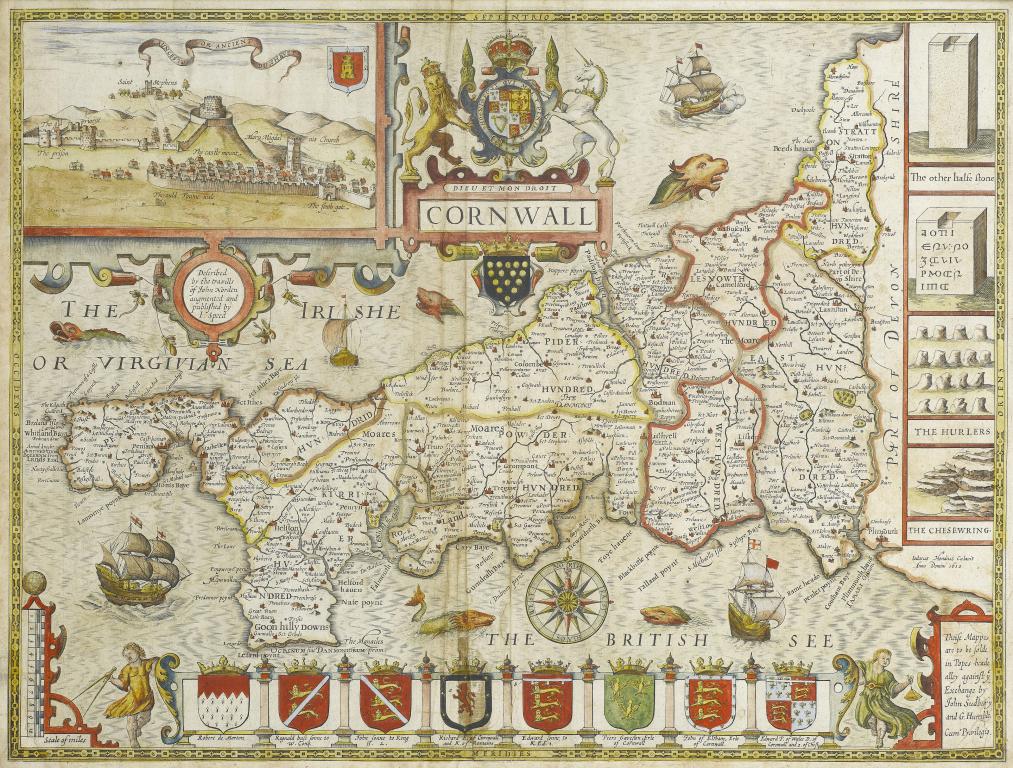 Appraisal: JOHN SPEED CORNWALL double page engraved map with view of