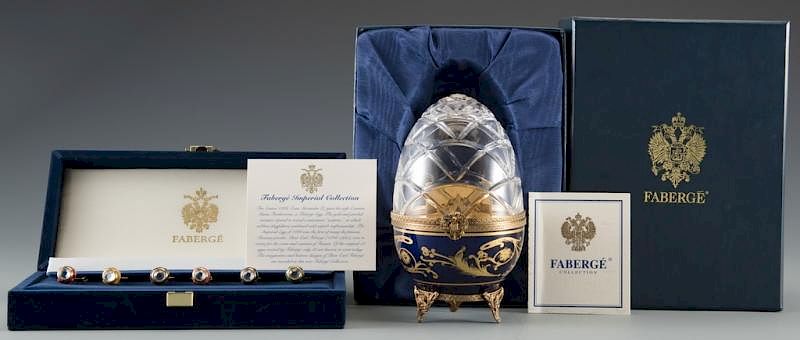 Appraisal: Faberge Limoges Blue Egg plus Wine Charms House of Faberge