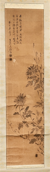 Appraisal: Three Chinese painted scrolls on paper and silk flowers and