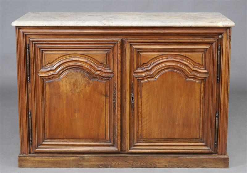 Appraisal: LOUIS XV PROVINCIAL STEEL-MOUNTED WALNUT BUFFET The later rectangular marble