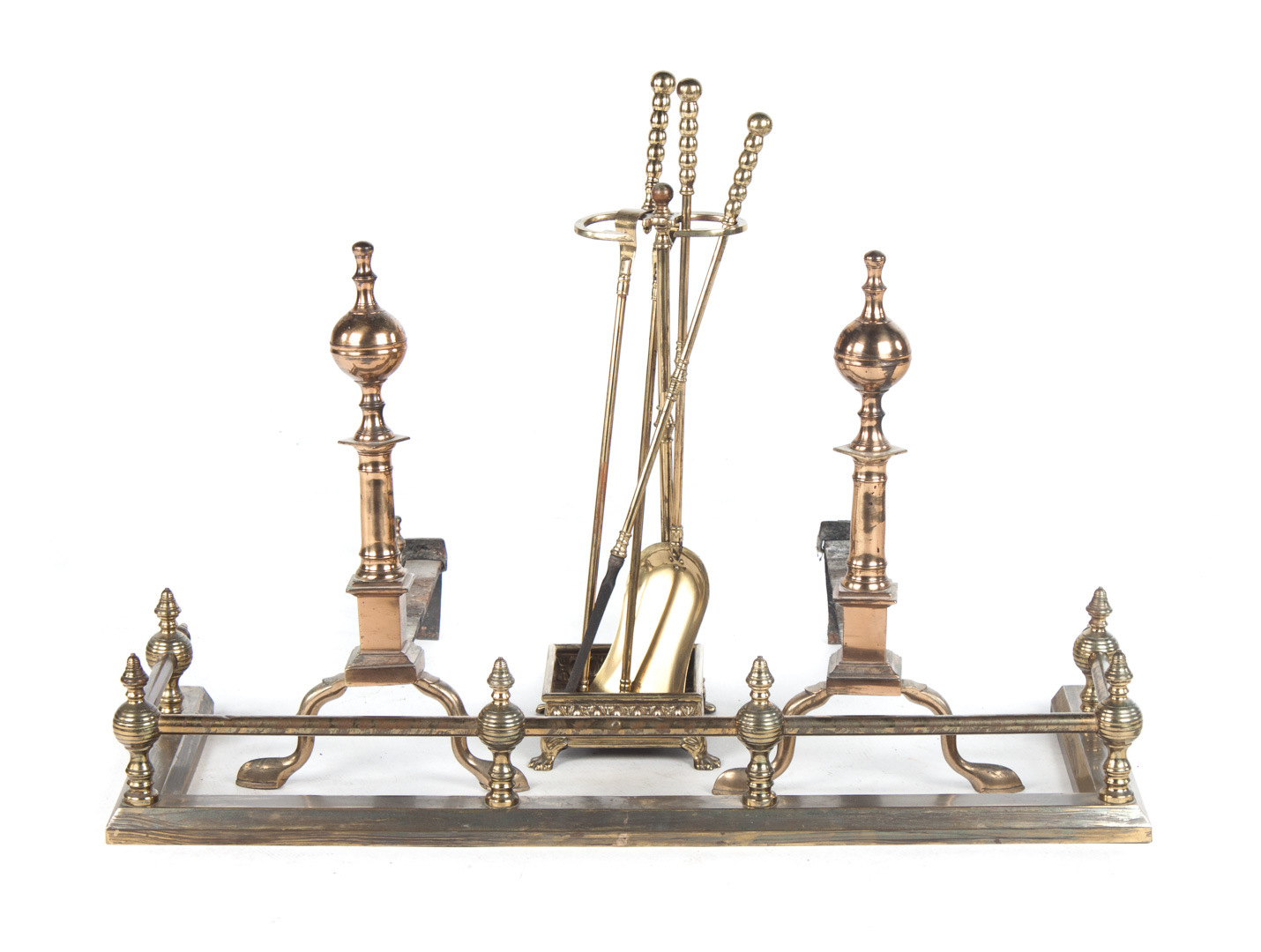 Appraisal: a Pair of brass andirons fire fenders and tools pair