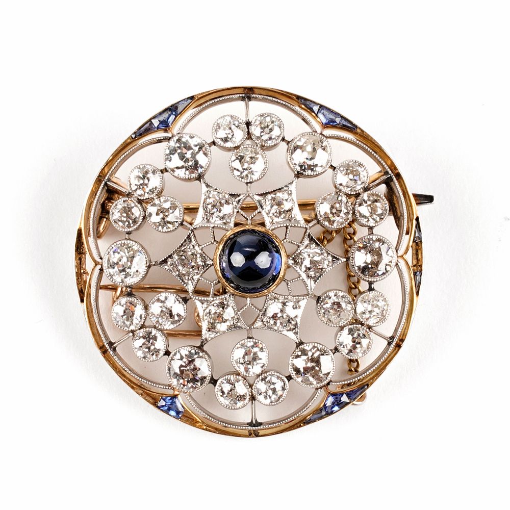 Appraisal: K Yellow Gold Diamond Sapphire Deco Brooch One early twentieth