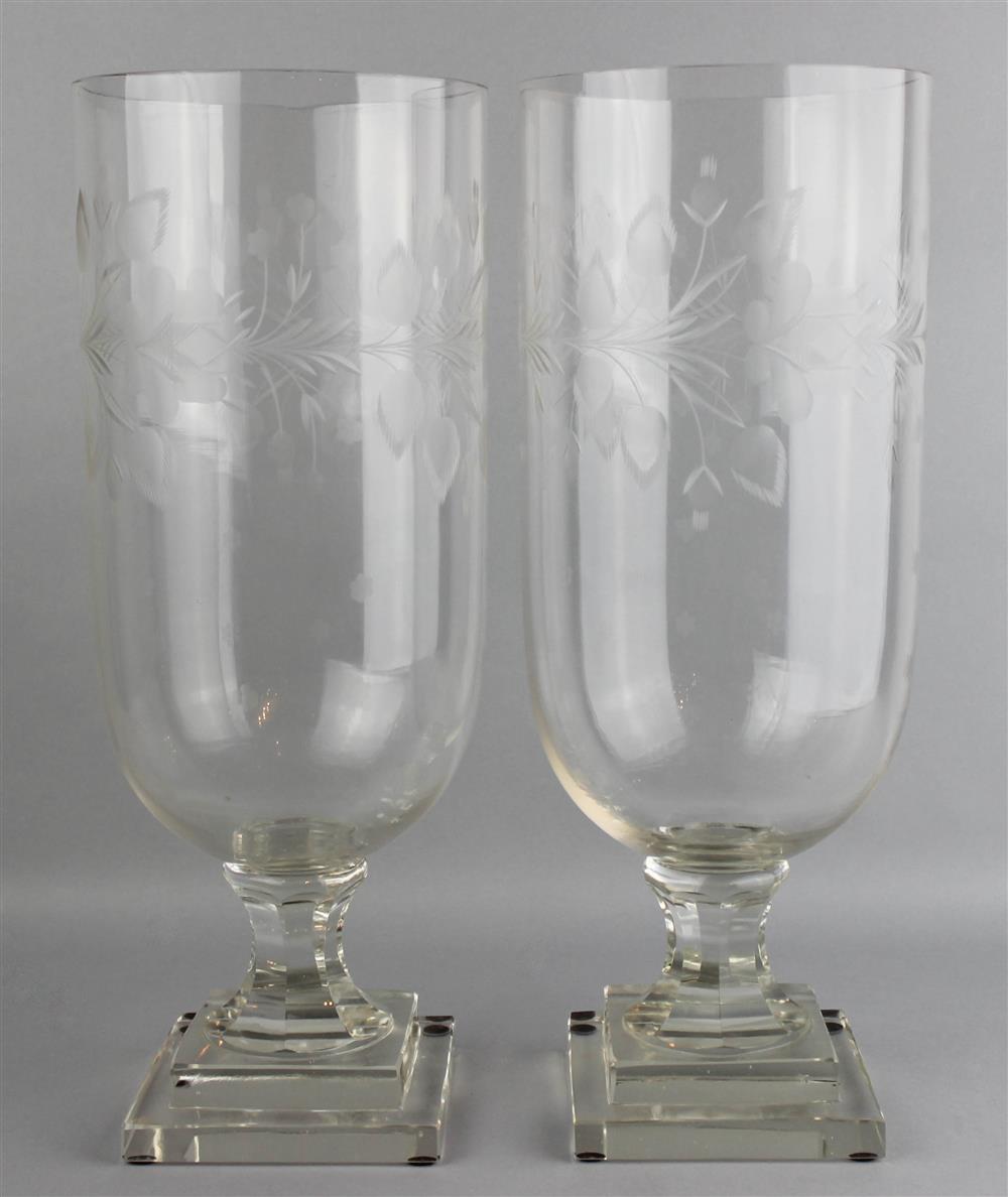 Appraisal: PAIR OF FEDERAL STYLE ENGRAVED GLASS PHOTOPHORES the deep shades