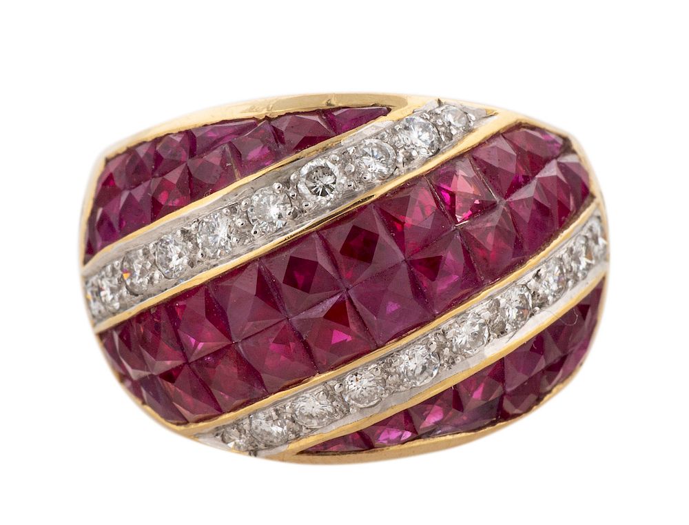 Appraisal: A MODERN K YELLOW GOLD RUBY AND DIAMOND INVISIBLE SETTING