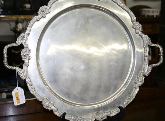 Appraisal: Silverplate serving tray gadroon handles flanking round form with shaped