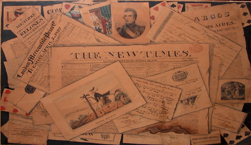 Appraisal: Elaborate Trompe L'Oeil of Early Century Newspaper Clippings Playing Cards