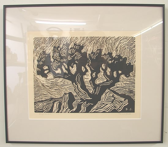 Appraisal: Tree and Rocks wood cut print x image size pencil