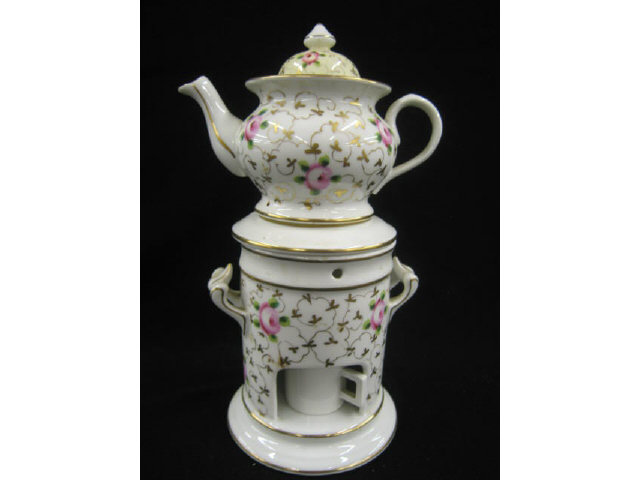 Appraisal: VA Portugal Porcelain Individual Teapot on warming stand floral gold