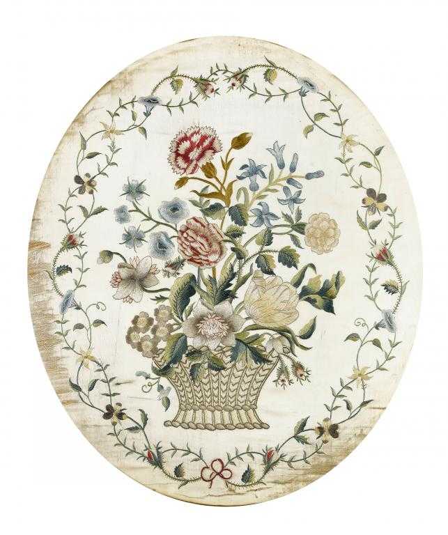 Appraisal: A REGENCY EMBROIDERED OVAL PICTURE of a basket of flowers