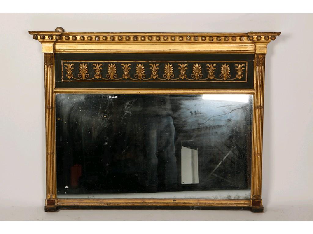 Appraisal: A REGENCY STYLE GILTWOOD OVERMANTLE MIRROR the rectangular plate flanked