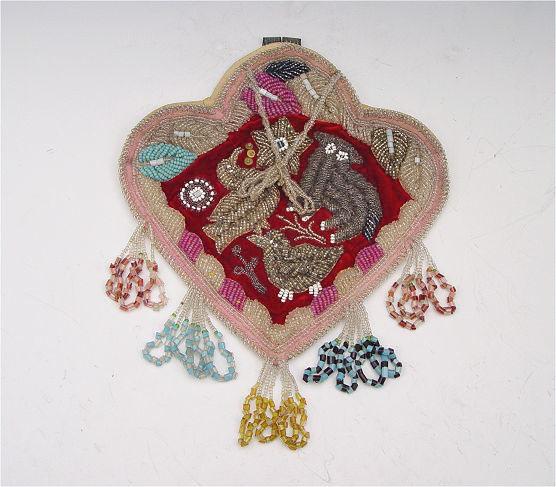 Appraisal: WOODLANDS NATIVE AMERICAN BEADED WALL POCKET Heart shaped wall pocket