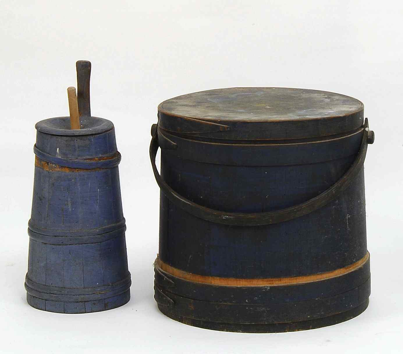 Appraisal: BLUE-PAINTED BUTTER CHURN AND FIRKIN th CenturyLight blue butter churn