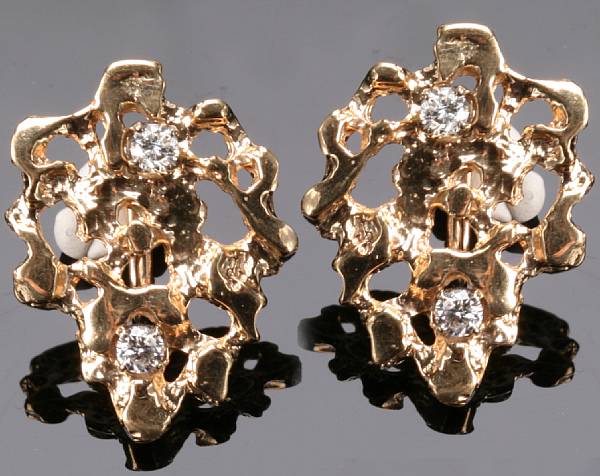 Appraisal: A pair of diamond and fourteen karat gold earrings nugget