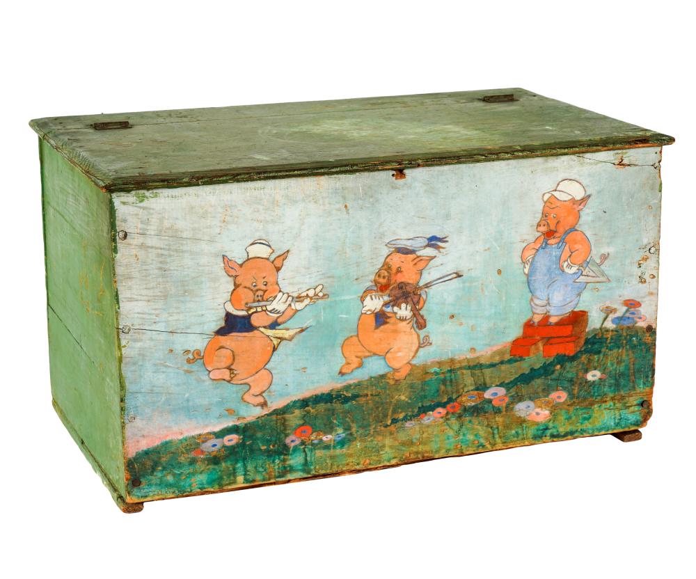 Appraisal: THREE LITTLE PIGS PAINTED WOOD BOXwith hinged lid Condition wear