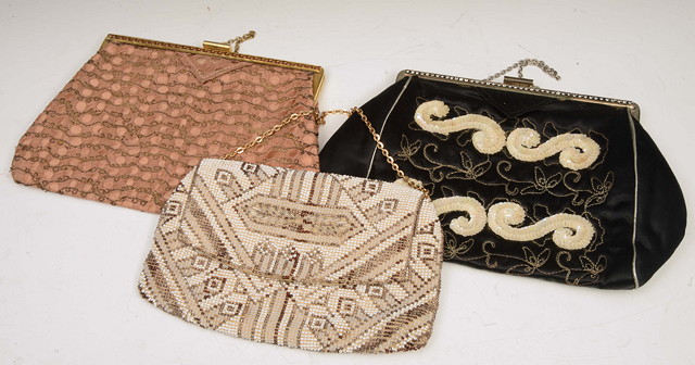 Appraisal: THREE s PURSES one with cream and gold beaded pattern