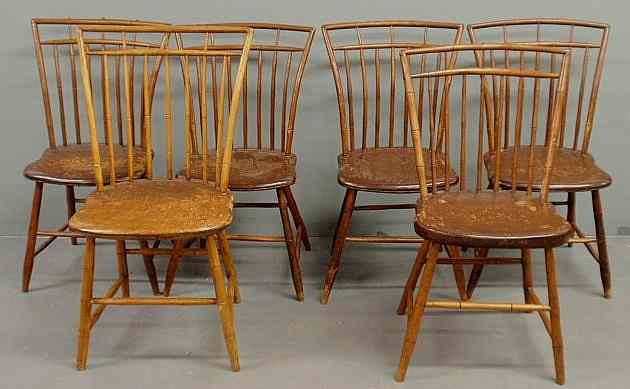 Appraisal: Assembled set of six bamboo turned birdcage Windsor side chairs