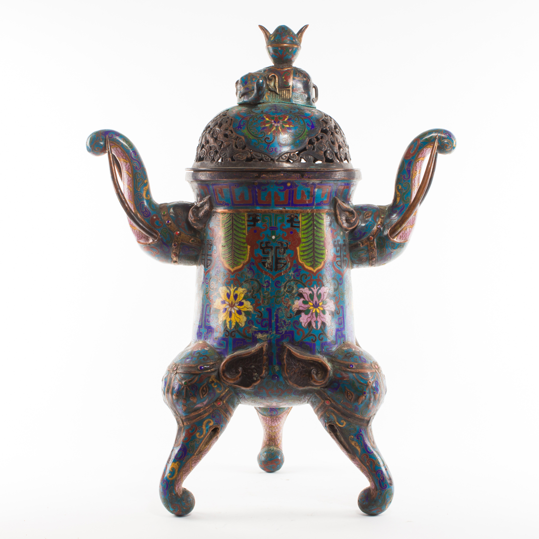 Appraisal: CHINESE CLOISONNE ENAMEL TRIPOD CENSER AND COVER Chinese cloisonne enamel